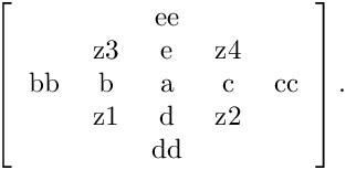 \[
  \left[
  \begin{tabular}{ccccc}
    &     & ee  &     &   \\
    & z3  &  e  & z4  &   \\
 bb &  b  &  a  &  c  & cc \\
    & z1  &  d  & z2  &   \\
    &     & dd  &     &   \\
  \end{tabular}
  \right] .
  \]