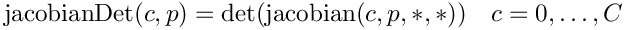 \[
\mbox{jacobianDet}(c,p) = \mbox{det}(\mbox{jacobian}(c,p,*,*)) \quad c=0,\ldots, C
\]