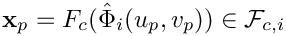 ${\bf x}_p = F_c(\hat{\Phi}_i(u_p,v_p))\in\mathcal{F}_{c,i}$