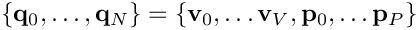 \[ 
  \{{\bf q}_0,\ldots,{\bf q}_N\} = \{ {\bf v}_0,\ldots {\bf v}_V,{\bf p}_0,\ldots {\bf p}_P\} 
  \]