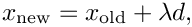 \[
x_{\rm new} = x_{\rm old} + \lambda d,
\]