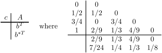 \[
\begin{array}{c|c}
  c & A   \\ \hline
    & b^T \\
    & b^{*T}
\end{array}
\;\;\;\;\mbox{ where }\;\;\;\;
\begin{array}{c|cccc}  0  & 0    &     &     & \\
                      1/2 & 1/2  & 0   &     & \\
                      3/4 & 0    & 3/4 & 0   & \\
                       1  & 2/9  & 1/3 & 4/9 & 0 \\ \hline
                          & 2/9  & 1/3 & 4/9 & 0 \\
                          & 7/24 & 1/4 & 1/3 & 1/8 \end{array}
\]