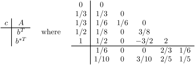 \[
\begin{array}{c|c}
  c & A   \\ \hline
    & b^T \\
    & b^{*T}
\end{array}
\;\;\;\;\mbox{ where }\;\;\;\;
\begin{array}{c|ccccc}  0 & 0    &     &      &     & \\
                      1/3 & 1/3  & 0   &      &     & \\
                      1/3 & 1/6  & 1/6 & 0    &     & \\
                      1/2 & 1/8  & 0   & 3/8  &     & \\
                       1  & 1/2  & 0   & -3/2 & 2   & \\ \hline
                          & 1/6  & 0   & 0    & 2/3 & 1/6 \\
                          & 1/10 & 0   & 3/10 & 2/5 & 1/5 \end{array}
\]