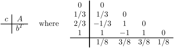 \[
\begin{array}{c|c}
  c & A \\ \hline
    & b^T
\end{array}
\;\;\;\;\mbox{ where }\;\;\;\;
\begin{array}{c|cccc}  0  &  0  &     &     &    \\
                      1/3 & 1/3 &  0  &     &    \\
                      2/3 &-1/3 &  1  &  0  &    \\
                       1  &  1  & -1  &  1  &  0 \\ \hline
                          & 1/8 & 3/8 & 3/8 & 1/8 \end{array}
\]