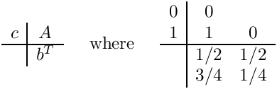 \[
\begin{array}{c|c}
  c & A \\ \hline
    & b^T
\end{array}
\;\;\;\;\mbox{ where }\;\;\;\;
\begin{array}{c|cc}  0  &  0  &     \\
                     1  &  1  &  0  \\ \hline
                        & 1/2 & 1/2 \\
                        & 3/4 & 1/4 \end{array}
\]