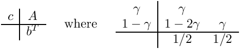 \[
\begin{array}{c|c}
  c & A \\ \hline
    & b^T
\end{array}
\;\;\;\;\mbox{ where }\;\;\;\;
\begin{array}{c|cc}  \gamma  &  \gamma   &        \\
                    1-\gamma & 1-2\gamma & \gamma \\ \hline
                             &   1/2     &   1/2   \end{array}
\]