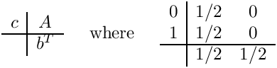 \[
\begin{array}{c|c}
  c & A \\ \hline
    & b^T
\end{array}
\;\;\;\;\mbox{ where }\;\;\;\;
\begin{array}{c|cc}  0  & 1/2 &  0  \\
                     1  & 1/2 &  0  \\ \hline
                        & 1/2 & 1/2  \end{array}
\]