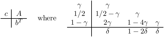 \[
\begin{array}{c|c}
  c & A \\ \hline
    & b^T
\end{array}
\;\;\;\;\mbox{ where }\;\;\;\;
\begin{array}{c|ccc}
  \gamma   &     \gamma &           &        \\
  1/2      & 1/2-\gamma &    \gamma &        \\
  1-\gamma &    2\gamma & 1-4\gamma & \gamma \\ \hline
           &     \delta & 1-2\delta & \delta \end{array}
\]