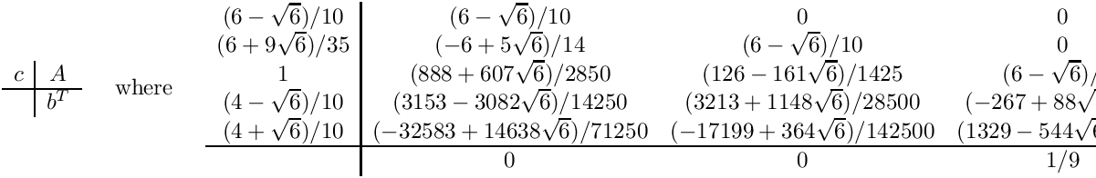 \[
 \begin{array}{c|c}
   c & A \\ \hline
     & b^T
 \end{array}
 \;\;\;\;\mbox{ where }\;\;\;\;
 \begin{array}{c|ccccc}
   (6-\sqrt{6})/10   & (6-\sqrt{6})/10              & 0 & 0 & 0 & 0 \\
   (6+9\sqrt{6})/35  & (-6+5\sqrt{6})/14            & (6-\sqrt{6})/10 & 0 & 0
& 0                \\
        1            & (888+607\sqrt{6})/2850       & (126-161\sqrt{6})/1425
& (6-\sqrt{6})/10         & 0                     & 0                \\
   (4-\sqrt{6})/10   & (3153-3082\sqrt{6})/14250    &
(3213+1148\sqrt{6})/28500   & (-267+88\sqrt{6})/500   & (6-\sqrt{6})/10 & 0
\\ (4+\sqrt{6})/10   & (-32583+14638\sqrt{6})/71250 &
(-17199+364\sqrt{6})/142500 & (1329-544\sqrt{6})/2500 & (-96+131\sqrt{6})/625
& (6-\sqrt{6})/10  \\ \hline &       0                      &       0 & 1/9
& (16-\sqrt{6})/36      & (16+\sqrt{6})/36 \end{array} \]