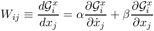 \[
  W_{ij} \equiv \frac{d\mathcal{G}^x_i}{dx_j} =
    \alpha \frac{\partial\mathcal{G}^x_i}{\partial \dot{x}_j}
  + \beta \frac{\partial\mathcal{G}^x_i}{\partial x_j}
\]