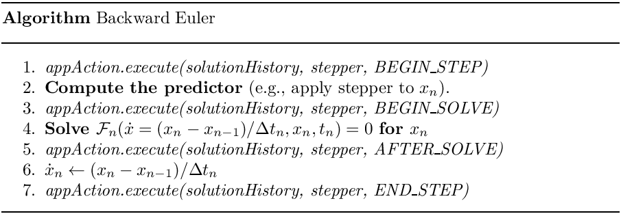 \begin{center}
   \parbox{5in}{
   \rule{5in}{0.4pt} \\
   {\bf Algorithm} Backward Euler \\
   \rule{5in}{0.4pt} \vspace{-15pt}
   \begin{enumerate}
     \setlength{\itemsep}{0pt} \setlength{\parskip}{0pt}
\setlength{\parsep}{0pt} \item {\it appAction.execute(solutionHistory,
stepper, BEGIN\_STEP)} \item {\bf Compute the predictor} (e.g., apply stepper
to $x_n$). \item {\it appAction.execute(solutionHistory, stepper,
BEGIN\_SOLVE)} \item {\bf Solve $\mathcal{F}_n(\dot{x}=(x_n-x_{n-1})/\Delta
t_n, x_n, t_n)=0$ for $x_n$} \item {\it appAction.execute(solutionHistory,
stepper, AFTER\_SOLVE)} \item $\dot{x}_n \leftarrow (x_n-x_{n-1})/\Delta t_n$
     \item {\it appAction.execute(solutionHistory, stepper, END\_STEP)}
   \end{enumerate}
   \vspace{-10pt} \rule{5in}{0.4pt}
   }
 \end{center}