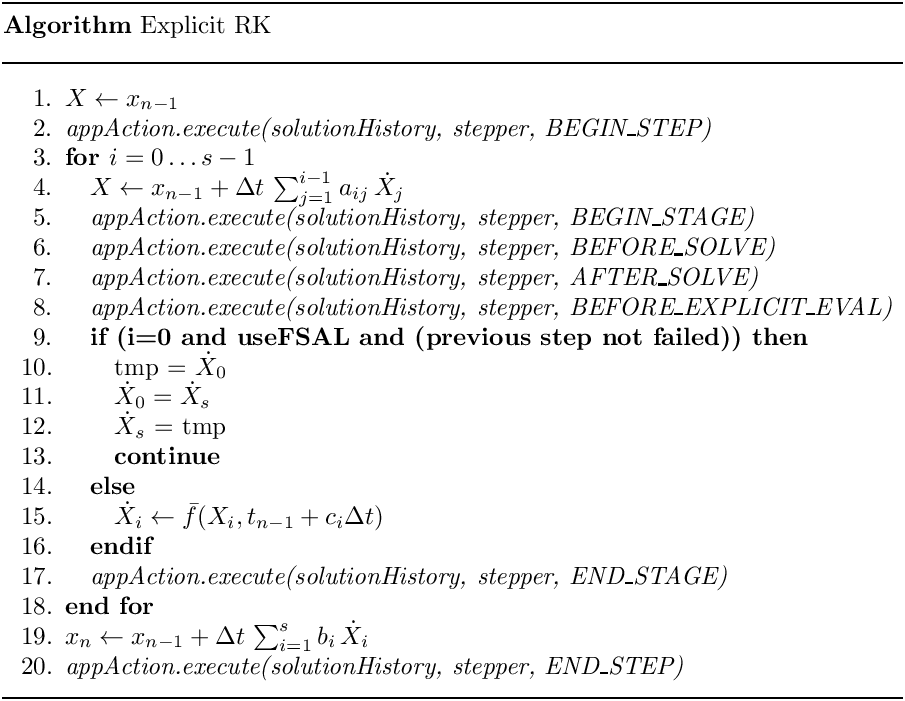 \begin{center}
   \parbox{5in}{
   \rule{5in}{0.4pt} \\
   {\bf Algorithm} Explicit RK \\
   \rule{5in}{0.4pt} \vspace{-15pt}
   \begin{enumerate}
     \setlength{\itemsep}{0pt} \setlength{\parskip}{0pt}
\setlength{\parsep}{0pt} \item $X \leftarrow x_{n-1}$ \item {\it
appAction.execute(solutionHistory, stepper, BEGIN\_STEP)} \item {\bf for {$i
= 0 \ldots s-1$}} \item \quad $X \leftarrow x_{n-1}
                   + \Delta t\,\sum_{j=1}^{i-1} a_{ij}\,\dot{X}_j$
     \item \quad {\it appAction.execute(solutionHistory, stepper,
BEGIN\_STAGE)} \item \quad {\it appAction.execute(solutionHistory, stepper,
BEFORE\_SOLVE)} \item \quad {\it appAction.execute(solutionHistory, stepper,
AFTER\_SOLVE)} \item \quad {\it appAction.execute(solutionHistory, stepper,
BEFORE\_EXPLICIT\_EVAL)} \item \quad {\bf if (i=0 and useFSAL and (previous
step not failed)) then} \item \qquad  tmp = $\dot{X}_0$ \item \qquad
$\dot{X}_0 = \dot{X}_s$ \item \qquad  $\dot{X}_s$ = tmp \item \qquad  {\bf
continue} \item \quad {\bf else} \item \qquad  $\dot{X}_i \leftarrow
\bar{f}(X_i,t_{n-1}+c_i\Delta t)$ \item \quad {\bf endif} \item \quad {\it
appAction.execute(solutionHistory, stepper, END\_STAGE)} \item {\bf end for}
     \item $x_n \leftarrow x_{n-1} + \Delta t\,\sum_{i=1}^{s}b_i\,\dot{X}_i$
     \item {\it appAction.execute(solutionHistory, stepper, END\_STEP)}
   \end{enumerate}
   \vspace{-10pt} \rule{5in}{0.4pt}
   }
 \end{center}
